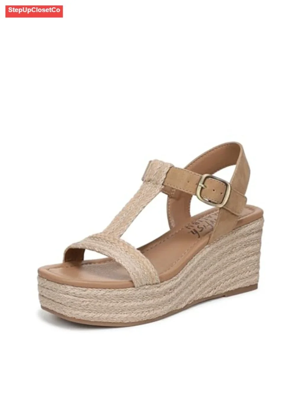 Strappy Wedge Sandals with Faux Jute Upper, Open Toe, Ankle Buckle
